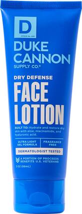 DUKE CANNON SUPPLY CO. DRY DEFENSE FACE LOTION BUILT TO: Hydrate and restore dry skin with aloe, niacinamide, and hyaluronic acid. ULTRA LIGHT FRAGRANCE GEL FORMULA FREE DERMATOLOGIST TESTED A PORTION OF PROCEEDS BENEFITS U.S. VETERANS 3 oz (88mL)
