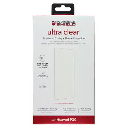 INVISIBLE SHIELD ultra clear Maximum Clarity + Shatter Protection
Maximale Klarheit + Splitterschutz
Netteté optimale + protection extreme contre les chocs
PREMIUM Glass-Like Feel and Clarity
Advanced Touch Sensitivity
Fits Curves Perfectly
CASE-FRIENDLY COVERAGE
Limited Lifetime Warranty
Einfach anzubringen
Self-Healing
for: Huawei P30
