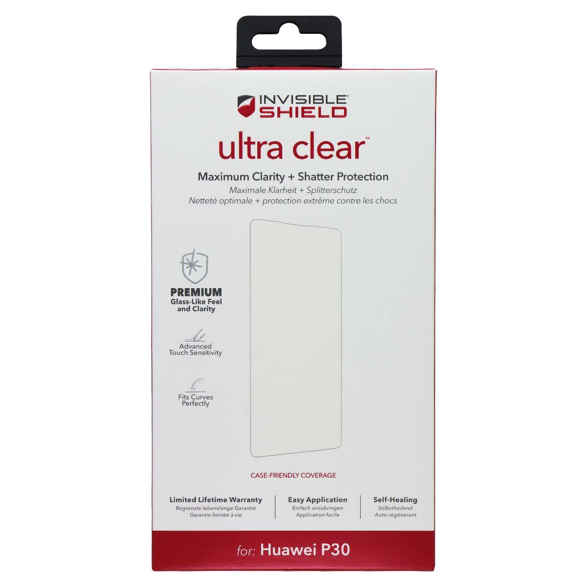 INVISIBLE SHIELD ultra clear Maximum Clarity + Shatter Protection  
Maximale Klarheit + Splitterschutz  
Netteté optimale + protection extreme contre les chocs  
PREMIUM Glass-Like Feel and Clarity  
Advanced Touch Sensitivity  
Fits Curves Perfectly  
CASE-FRIENDLY COVERAGE  
Limited Lifetime Warranty  
Einfach anzubringen  
Self-Healing  
for: Huawei P30