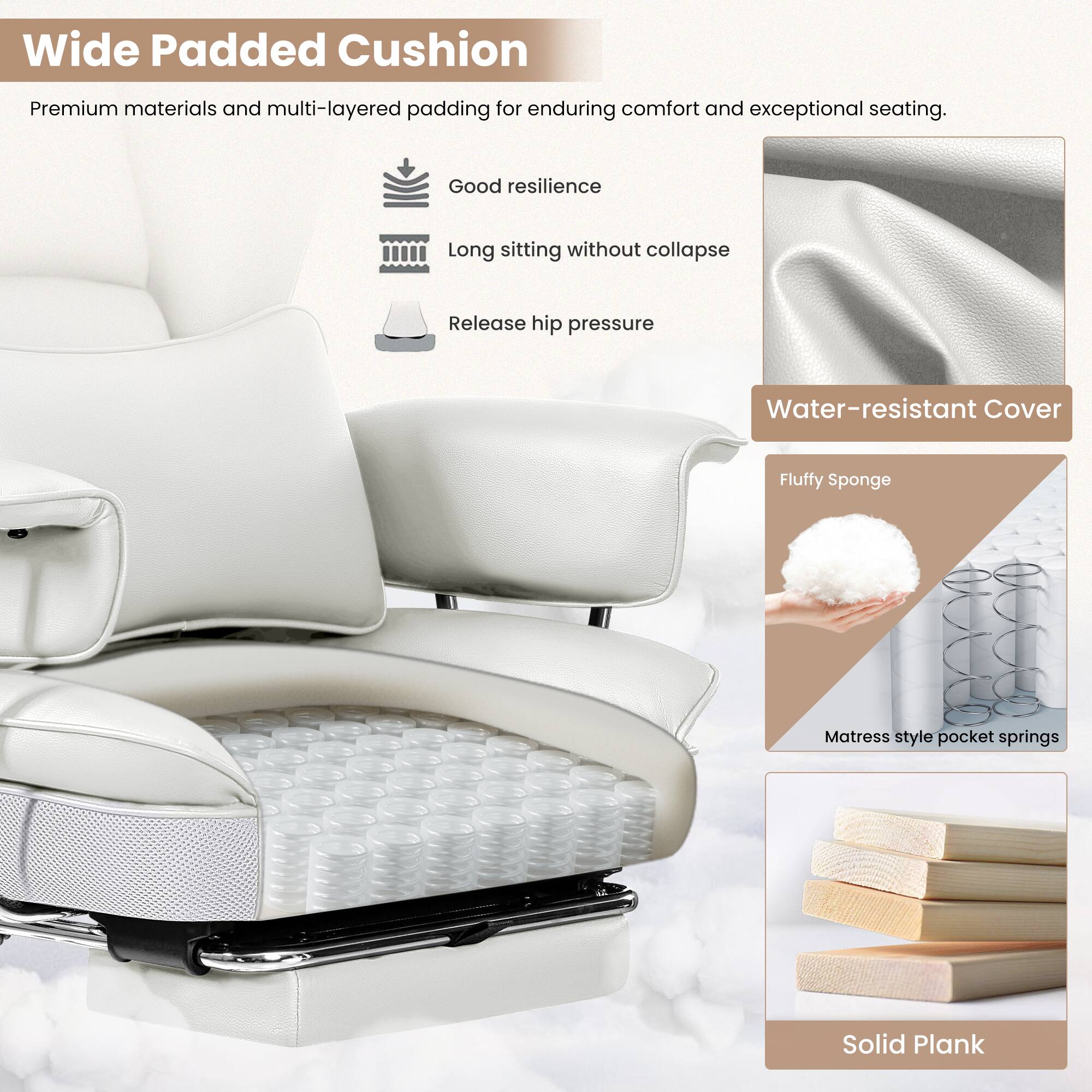 Wide Padded Cushion: Premium materials and multi-layered padding for enduring comfort and exceptional seating. Good resilience, long sitting without collapse, release hip pressure, water-resistant cover, fluffy sponge, mattress style pocket springs, solid plank.