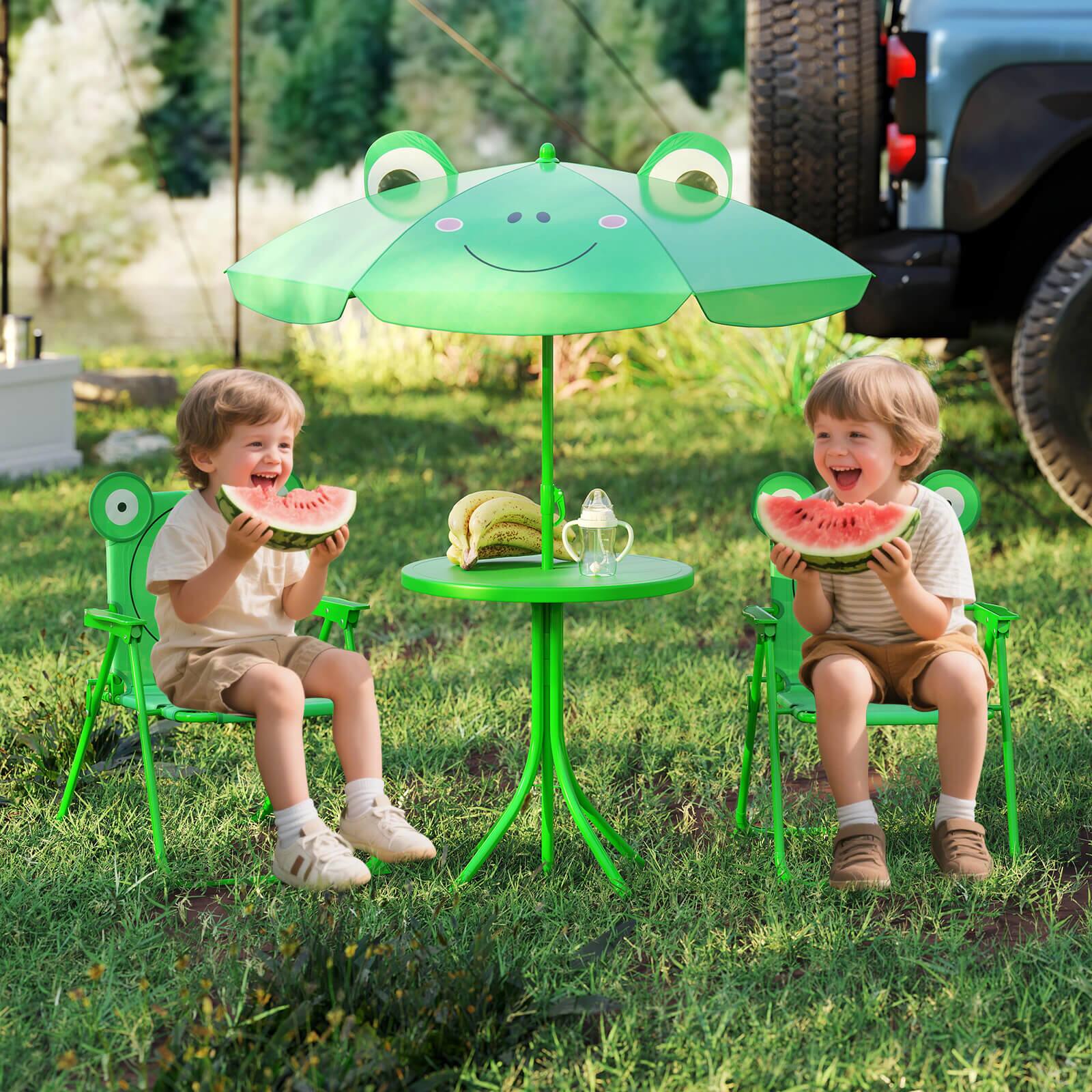Alt View 1. Costway - Costway Kids Picnic Table & Chair Set with 2 Folding Chairs & Height Adjustable Umbrella - Green.