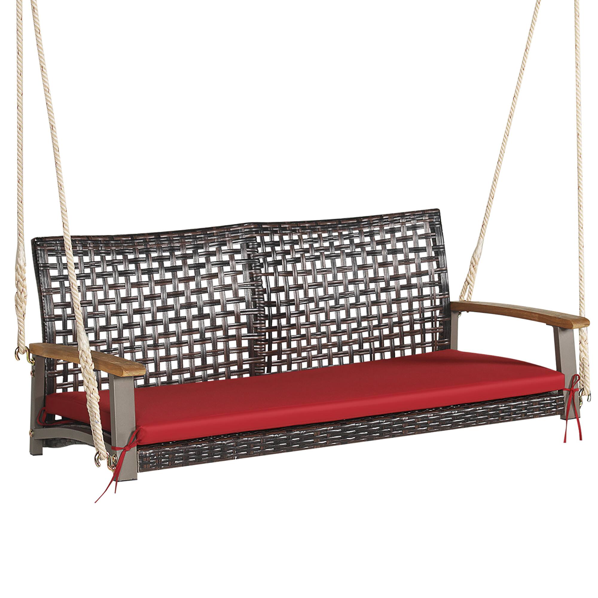 Costway - 2-Person Patio Rattan Hanging Swing Chair Porch Loveseat Cushioned - Red