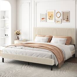 LUCKY ONE - King Size Platform Bed Frame with Upholstered Headboard, Sturdy Metal Frame, Wood Slats, No Box Spring Needed - Beige