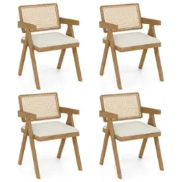 Costway - Set of 4 Rattan Accent Chairs Leathaire Dining Chairs Modern Living Room Chairs - White + Natural