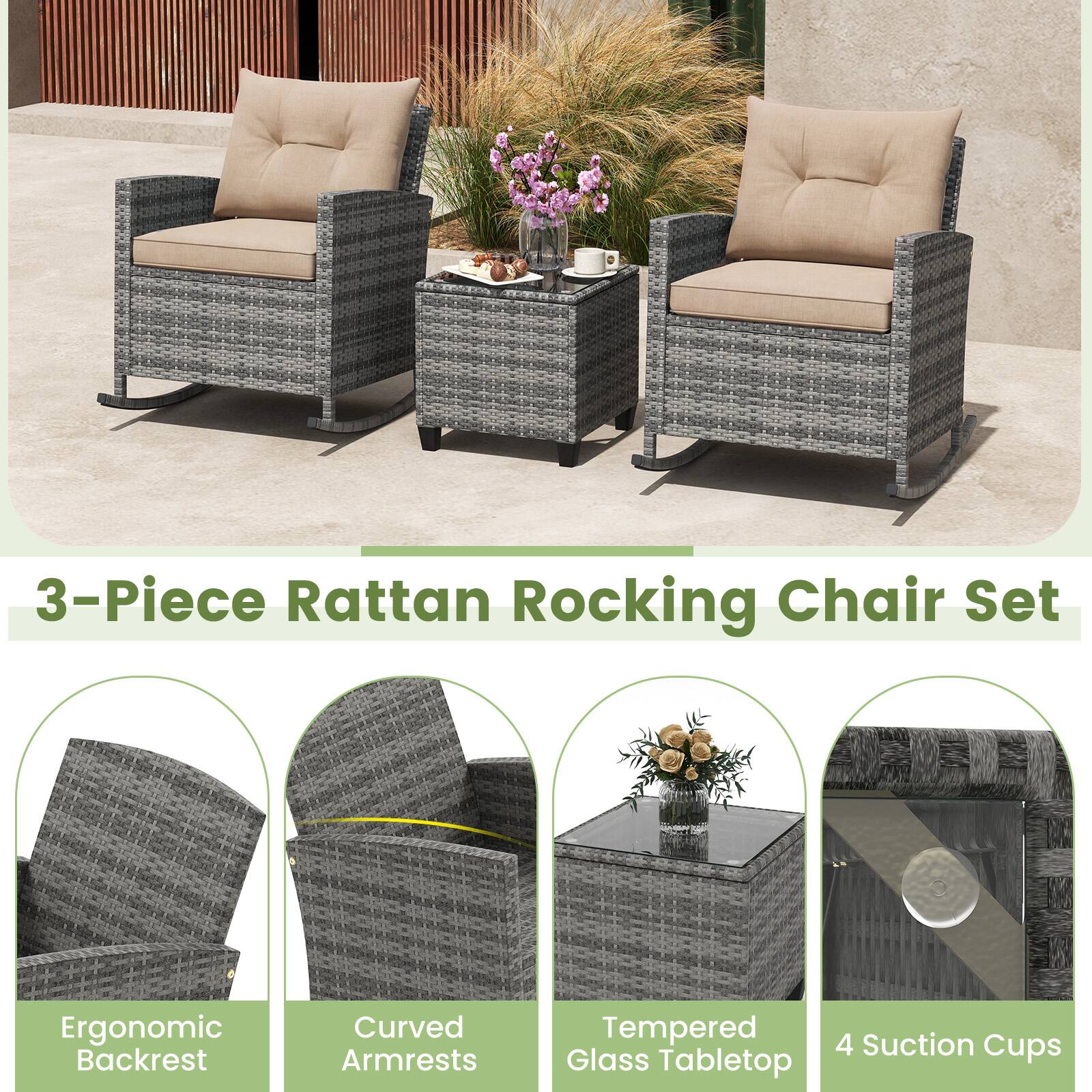 3-Piece Rattan Rocking Chair Set

Ergonomic Backrest
Curved Armrests
Tempered Glass Tabletop
4 Suction Cups