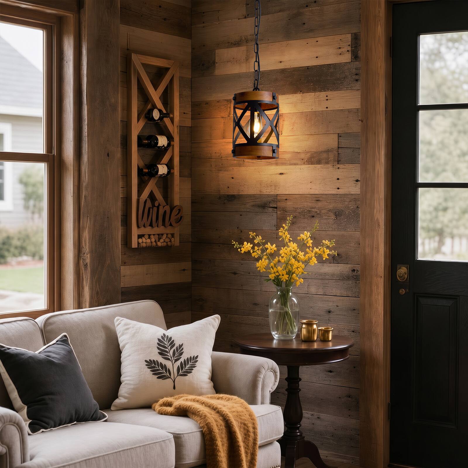 Alt View 8. Siljoy - 7-In Industrial Cage Pendant Light Black Wood Grain Lantern E26 Adjustable Height Kitchen Dining Entryway - Brown.