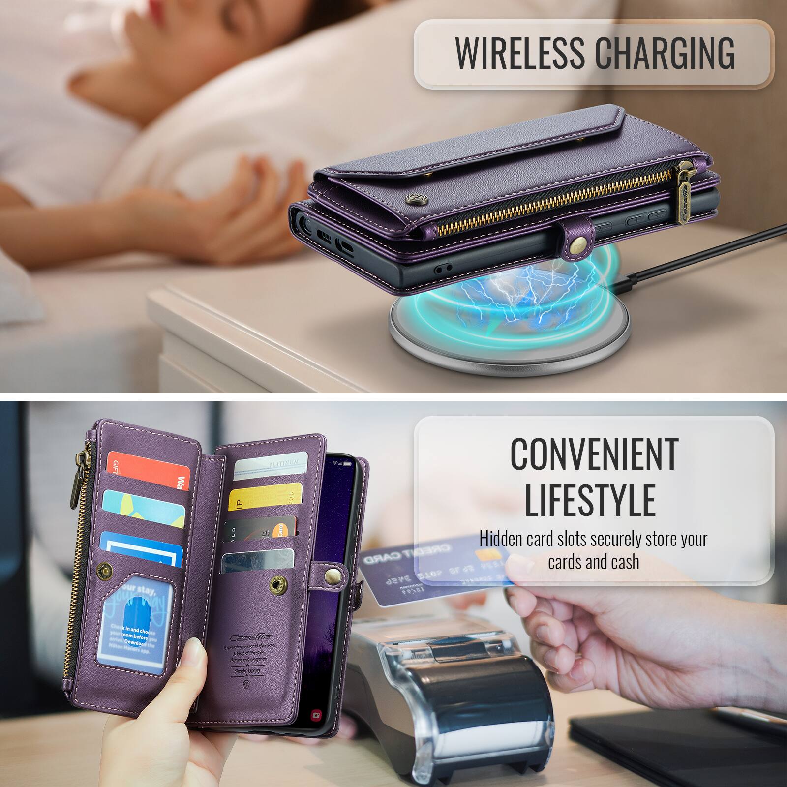 WIRELESS CHARGING

CONVENIENT LIFESTYLE

Hidden card slots securely store your CARD CREDIT PESI cards and cash