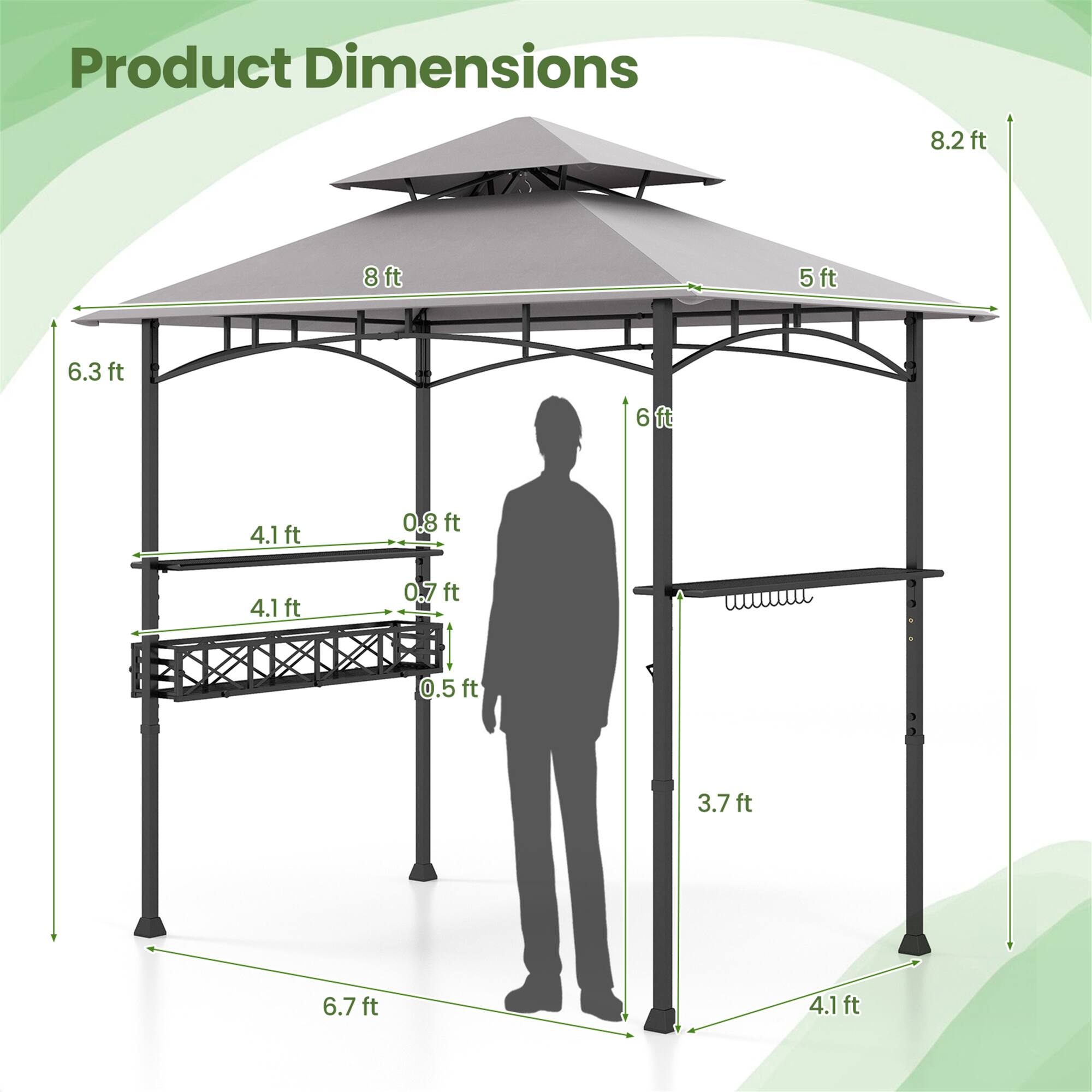 Product Dimensions: 8.2 ft, 8 ft, 5 ft, 6.3 ft, 6 ft, 4.1 ft, 0.8 ft, 4.1 ft, 0.7 ft, 0.5 ft, 3.7 ft, 6.7 ft, 4.1 ft