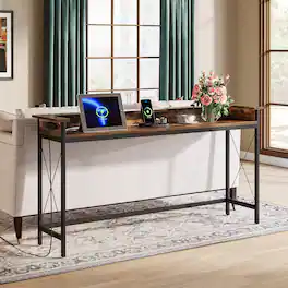 Tribesigns - Industrial Console Table with Metal Frame, Adjustable Feet and Rectangular Top for Entryway and Hallway - Brown