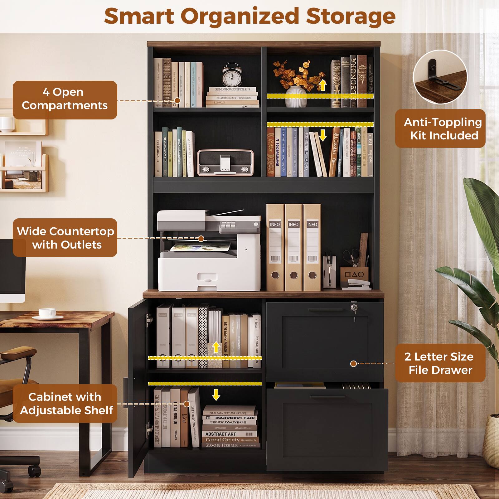 Smart Organized Storage

- 4 Open Compartments
- Wide Countertop with Outlets
- Cabinet with Adjustable Shelf
- Anti-Topping Kit Included
- 2 Letter Size File Drawer