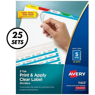 PROFIT Index Maker Easy Apply Label All Tabs at Once

SHARE TRENDS SALES COSTS

25 SETS

Laser | Inkjet

5 TABS

25 SETS

5 Tab Print & Apply Clear Label Dividers

Customizable clear labels for a printed-on look

Durable reinforced holes

AVERY 11423

Free Easy-to-Use Templates

www.avery.com/templates