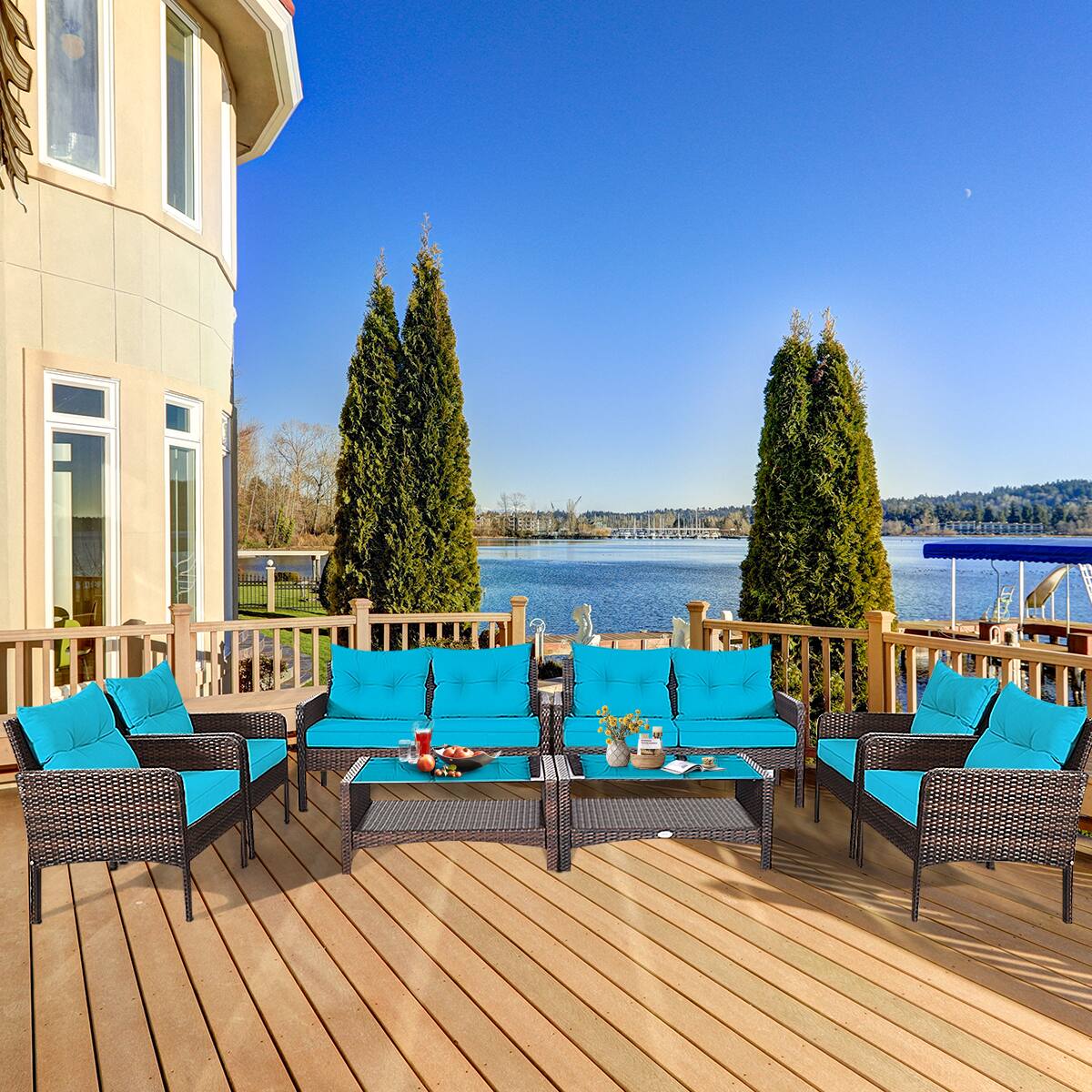 Alt View 3. Costway - Costway 8PCS Patio Rattan Sectional  Furniture Set Loveseat Sofa Coffee Table W/ Cushion - Turquoise.