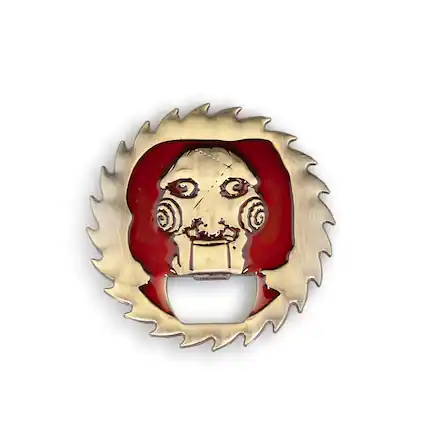 Front. Surreal Entertainment - Horror Collectibles| Saw Jigsaw Puppet Bottle Opener | Scary Puppet - Red.
