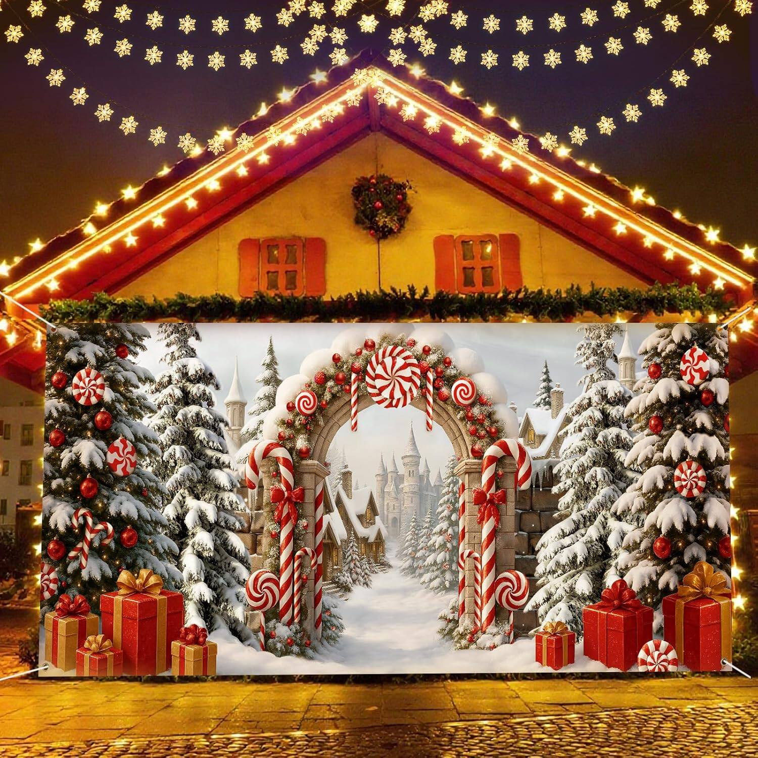 Left. PARKER SLATER - 7x16-Ft Christmas Candy Cane Garage Door Banner – Outdoor Holiday Decor - Candy Cane.