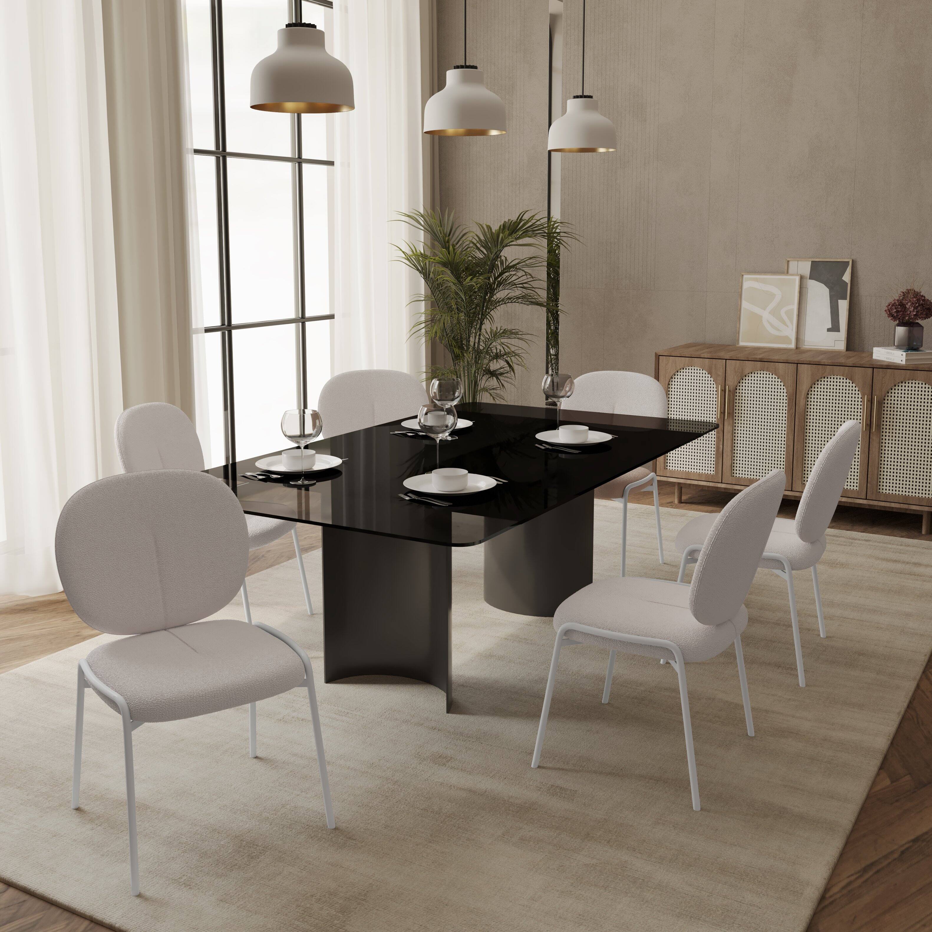 Left. LeisureMod - Celestial Luxury Boucle Dining Chair, Modern Curved Back Accent Side Chair - Textured Teddy Fabric - White.