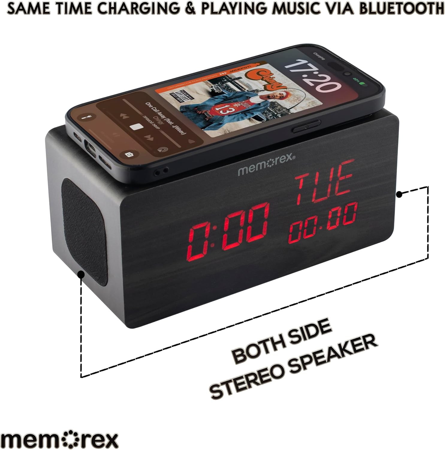 SAME TIME CHARGING & PLAYING MUSIC VIA BLUETOOTH

17:20

TUE 0:00 00:00

BOTH SIDE STEREO SPEAKER

mem:rex