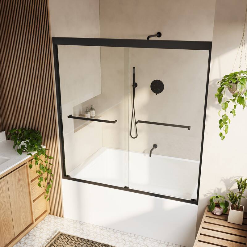 Left. WELLFOR - 56-60 in W x 60 in H Framed Shower Door with Double Sliding & Stainless Steel Towel Bar Handle, 1/4" Tempered Glass - Matte Black.