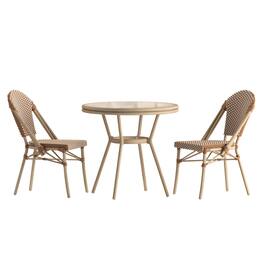 Emma + Oliver - Colmar Indoor/Outdoor Bistro Style 31.5 in. Table with PE Rattan, Glass Top, and Two Chairs - Metal Frame - Natural & White Rattan/Light Natural Frame