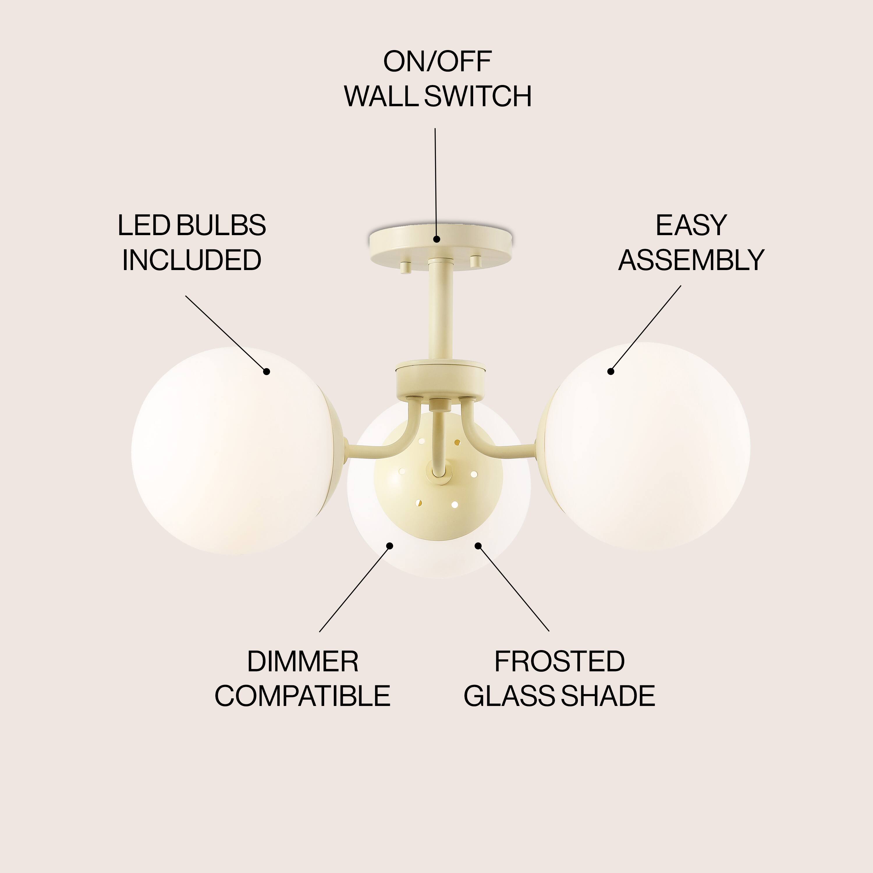ON/OFF WALL SWITCH  
LED BULBS INCLUDED  
EASY ASSEMBLY  
DIMMER COMPATIBLE  
FROSTED GLASS SHADE