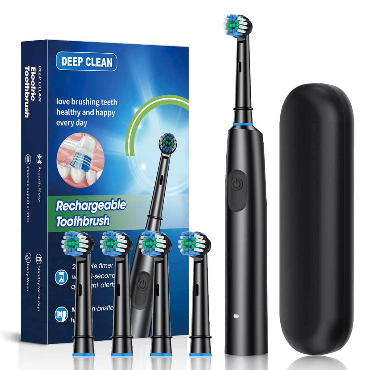 Cluzine - Rotary Round Head Electric Toothbrush Auto Sonic Soft Bristle IPX7 Waterproof 5 Modes with 4 Brush Heads - Black