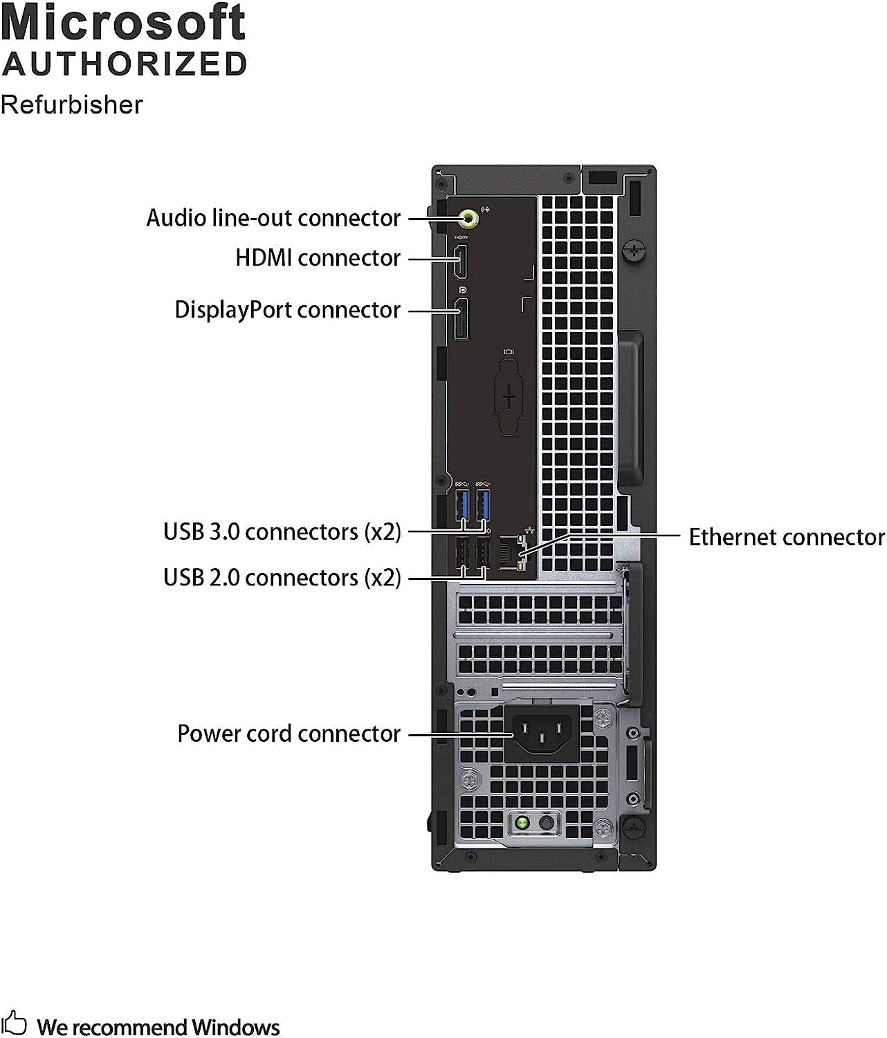 Microsoft AUTHORIZED Refurbisher

- Audio line-out connector
- HDMI connector
- DisplayPort connector
- USB 3.0 connectors (x2)
- Ethernet connector
- USB 2.0 connectors (x2)
- Power cord connector

We recommend Windows