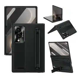Dteck - Case For Samsung Galaxy Z Fold8, Luxury Plate Rugged Kickstand Hinge Protection Cover with Front Screen Film+Stylus - Black