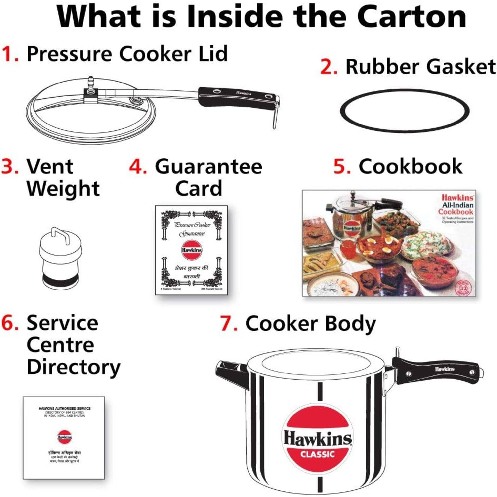 What is Inside the Carton  
1. Pressure Cooker Lid  
2. Rubber Gasket  
3. Vent Weight  
4. Guarantee Card  
5. Cookbook Hawkins All-Indian Cookbook  
6. Service Centre Directory  
7. Cooker Body  

Hawkins CLASSIC