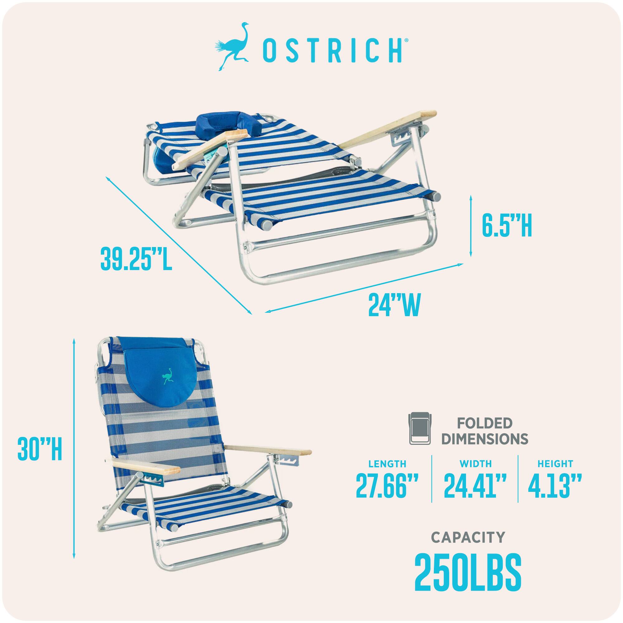 OSTRICH  
39.25"L x 24"W x 6.5"H  
Folded Dimensions: 27.66"L x 24.41"W x 4.13"H  
Capacity: 250LBS