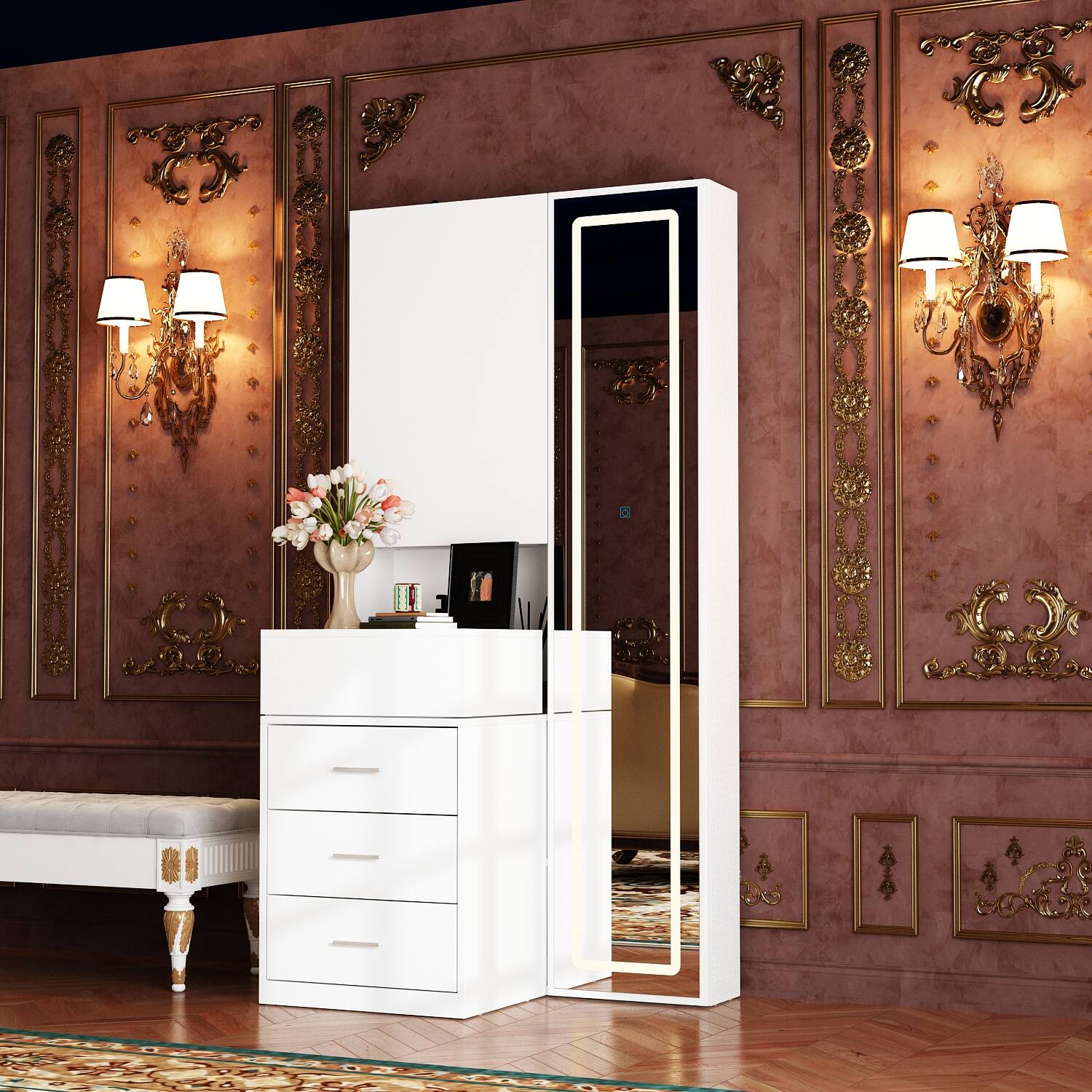 Left. Famapy - LED Full - Length Mirror Vanity Set with Hidden Makeup Desk & Ample Storage - White.