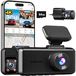 REDTIGER - 3 Channel 4K Dash Cam, 3'' Screen, STARVIS 2 IMX675 HDR, IR Night Vision, 5.8GHz WiFi GPS, 64GB Card - Black
