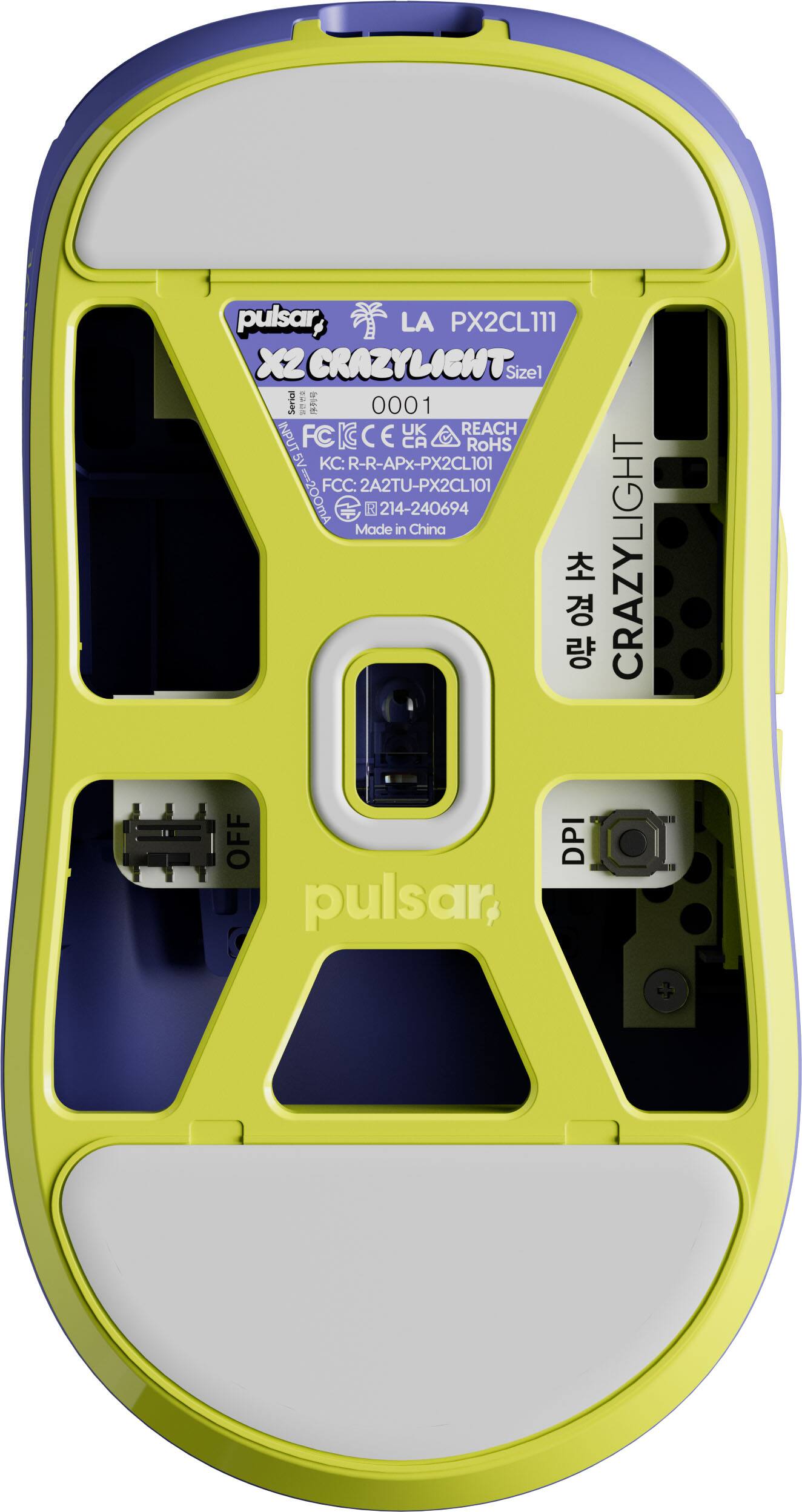 pulsar, LA PX2CL111 x2 CRAZYLIGHT Size 0001 UK REACH INPUT FC CE CA RoHS 5V KC: R-R-APx-PX2CL101 FCC: 2A2TU-PX2CL101 | 214-240694 Made in China CRAZYLIGHT OFF DPI pulsar