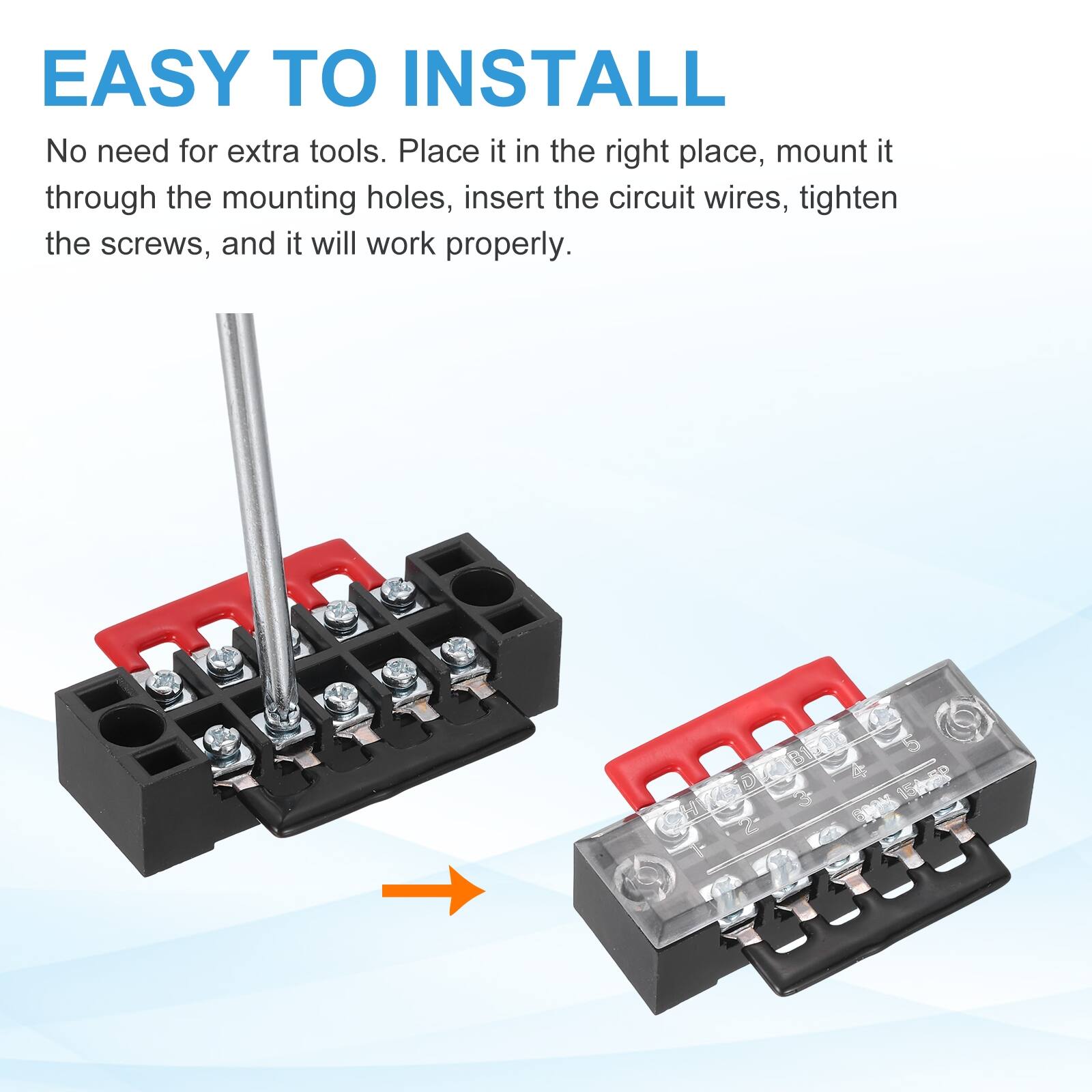 EASY TO INSTALL

No need for extra tools. Place it in the right place, mount it through the mounting holes, insert the circuit wires, tighten the screws, and it will work properly.