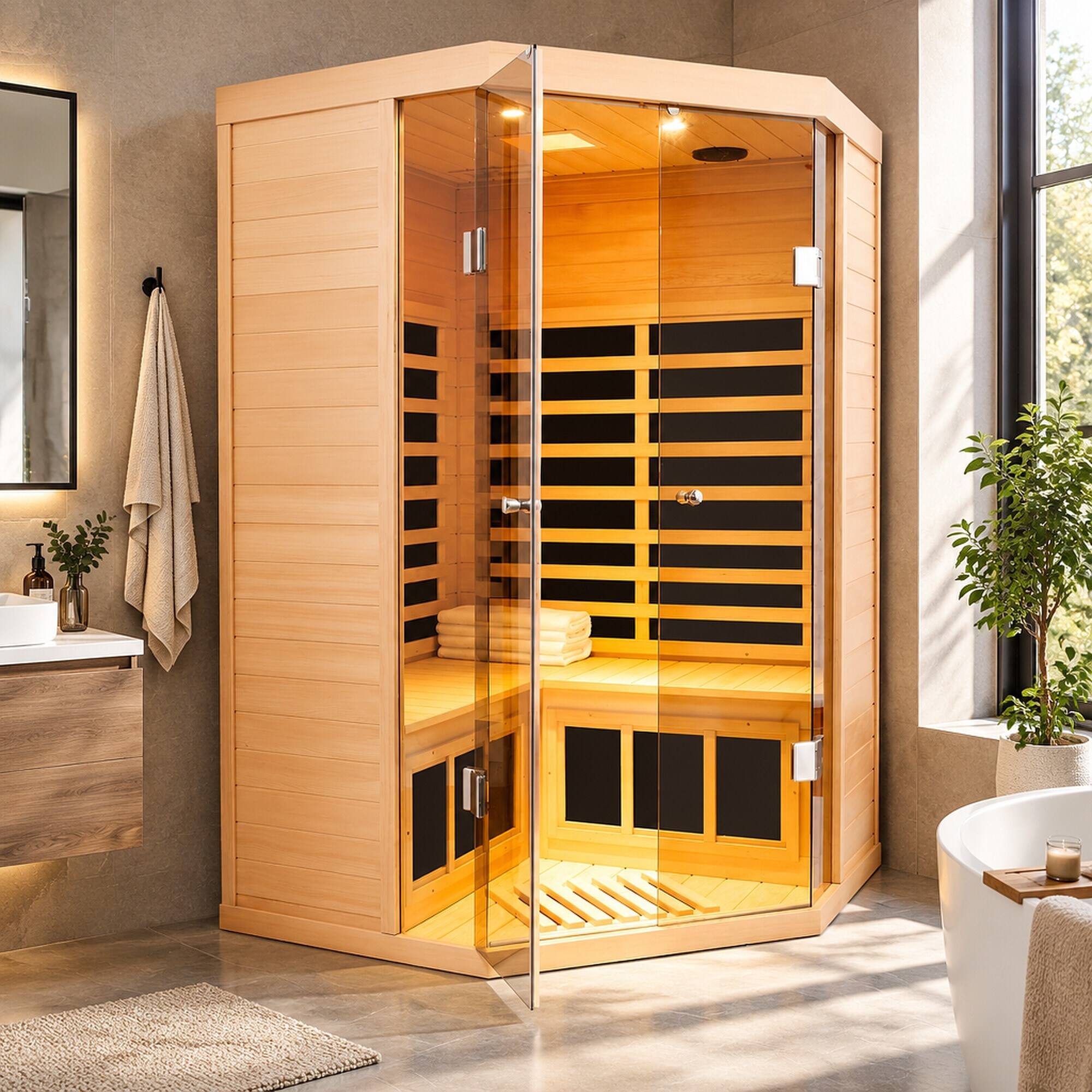 Back. RYHNUYNE - 2 Person Hemlock Far Infrared Corner Sauna, Panoramic Glass Front, 7 Heating Panels, 1520W, Bluetooth and APP Control - Natural.