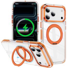 Dteck - Clear Hard Case for Apple iPhone 17 Pro Max,Compatible with Mag Safe,with 360° Metal Stand,Shockproof Transparent Cover - Orange