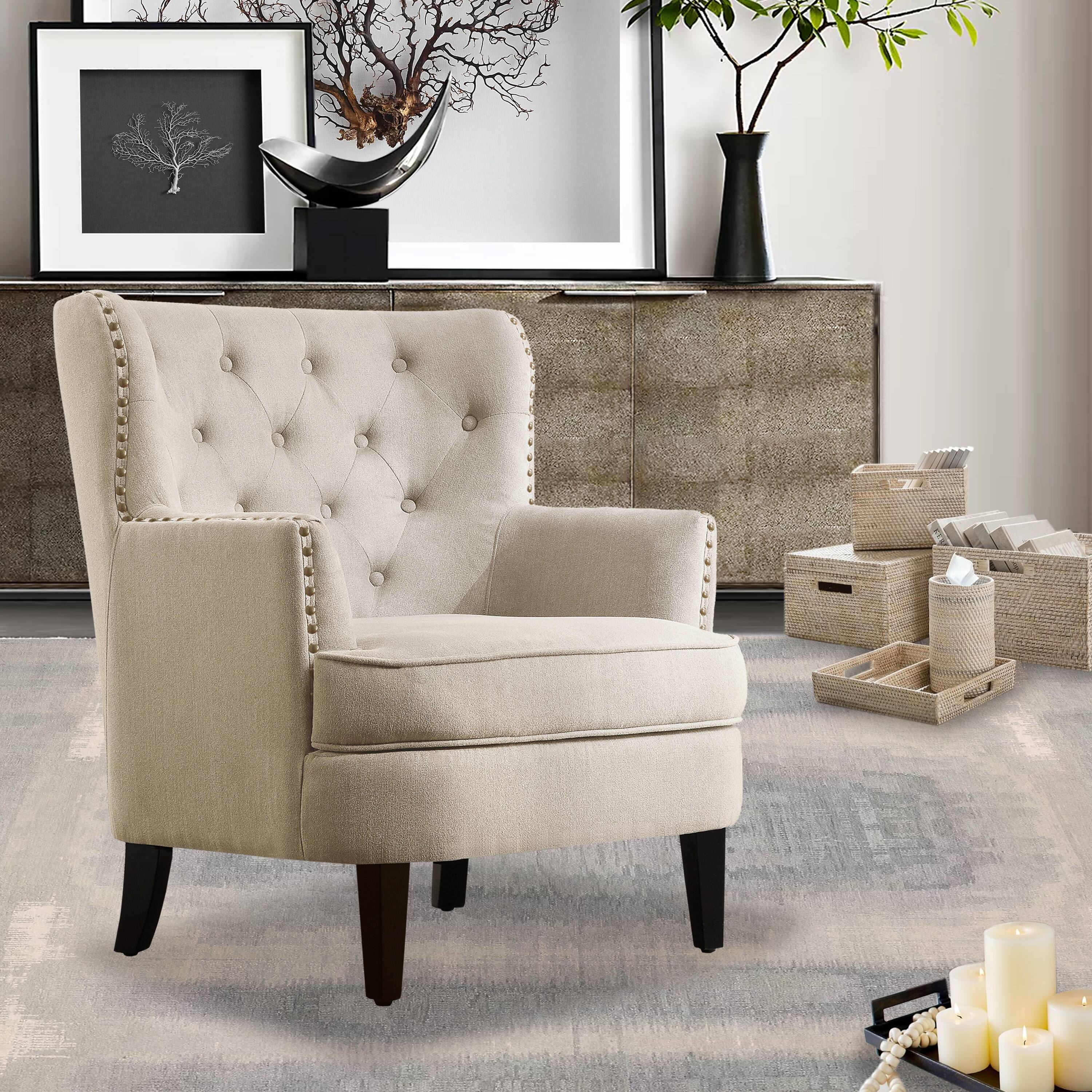 Alt View 7. Boyel Living - Velvet Button Tufted Accent Chair with Nailhead Trim and Solid Wood Legs - Beige.