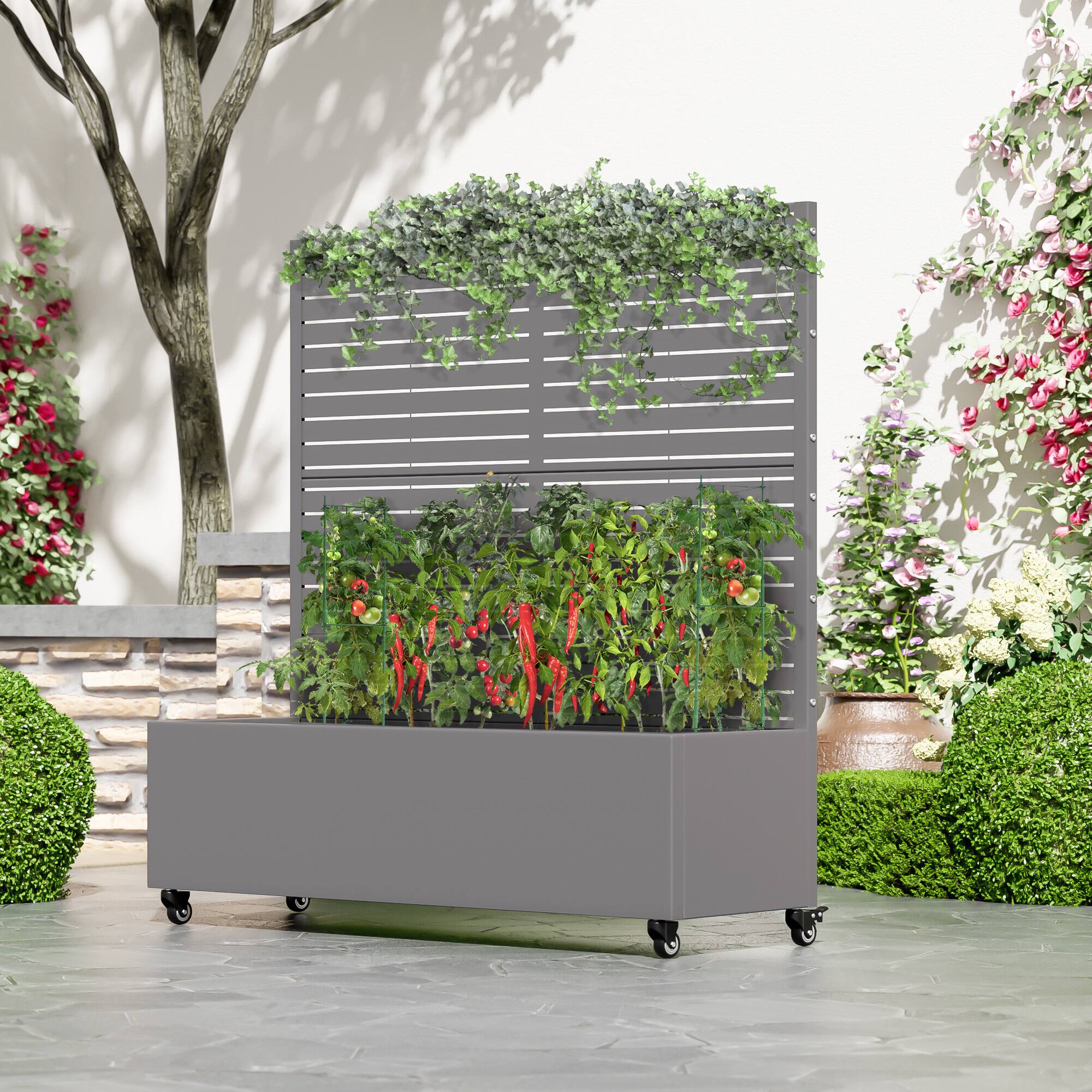 Alt View 1. PexFix - 47 in. H x 47 in. W Louvered Pattern Rectangle Metal Planter Box Raised Garden Beds with Trellis-Ideal for Balcony - Gray.