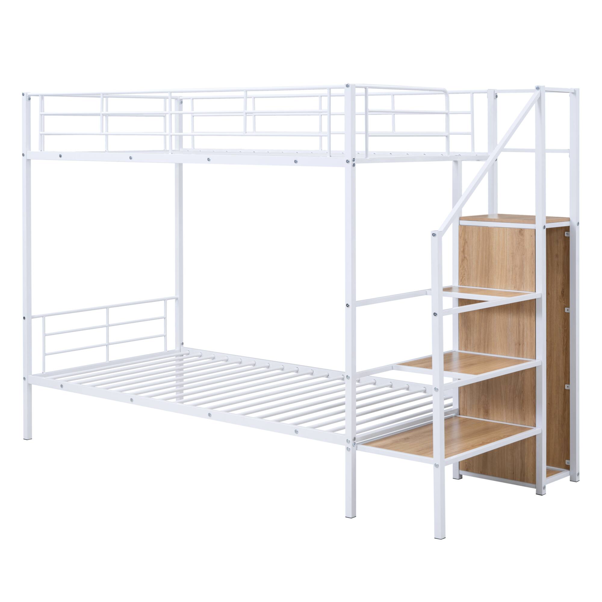 Back. GOODSILO - Contemporary Twin Over Twin Metal Bunk Bed with Integrated Storage Ladder and Wardrobe - White.