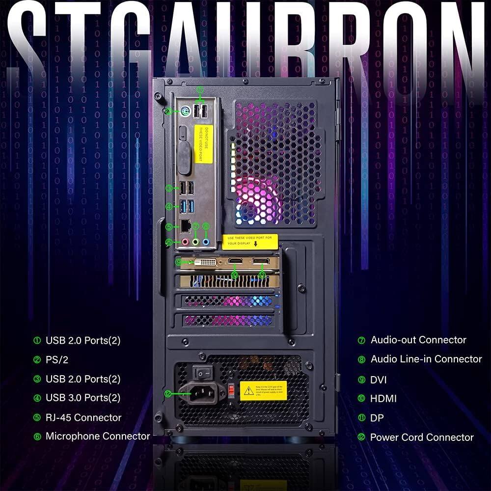 STGAURRON

1. USB 2.0 Ports(2)
2. PS/2
3. USB 2.0 Ports(2)
4. USB 3.0 Ports(2)
5. RJ-45 Connector
6. Microphone Connector

Audio-out Connector
Audio Line-in Connector
DVI
HDMI
DP
Power Cord Connector