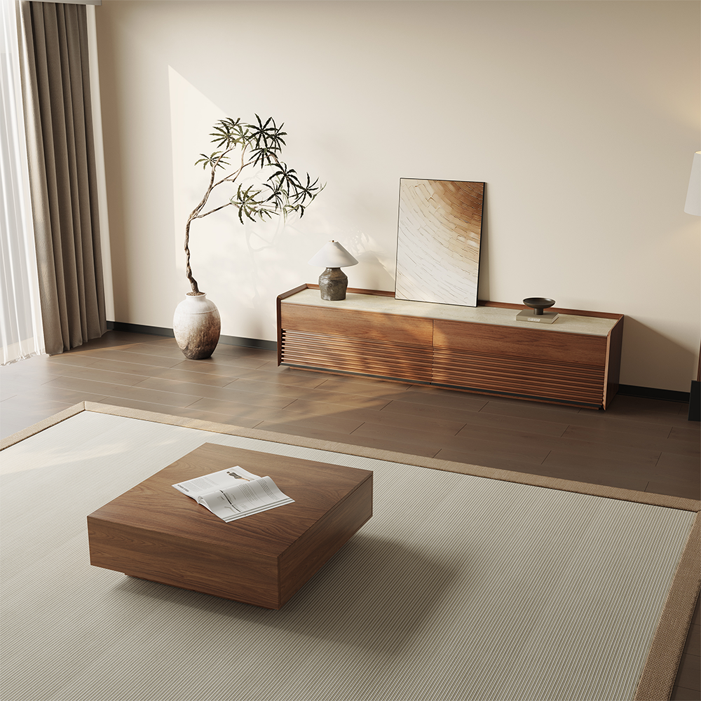 Left. POVISON - 79" Fully-Assembled Mid-Century Matte Sintered Stone Tabletop TV Stand, Walnut Color Cabinet with Adjustable Light - Glossy White & Walnut.