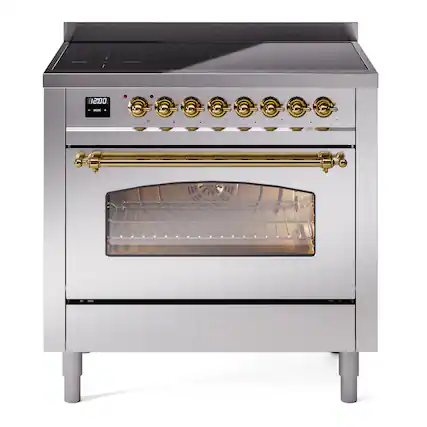 Front. ILVE - ILVE Nostalgie II 36 inch Induction Range with 6 Elements (Triple Glass Door, Stainless Steel, Brass) - Stainless Steel.