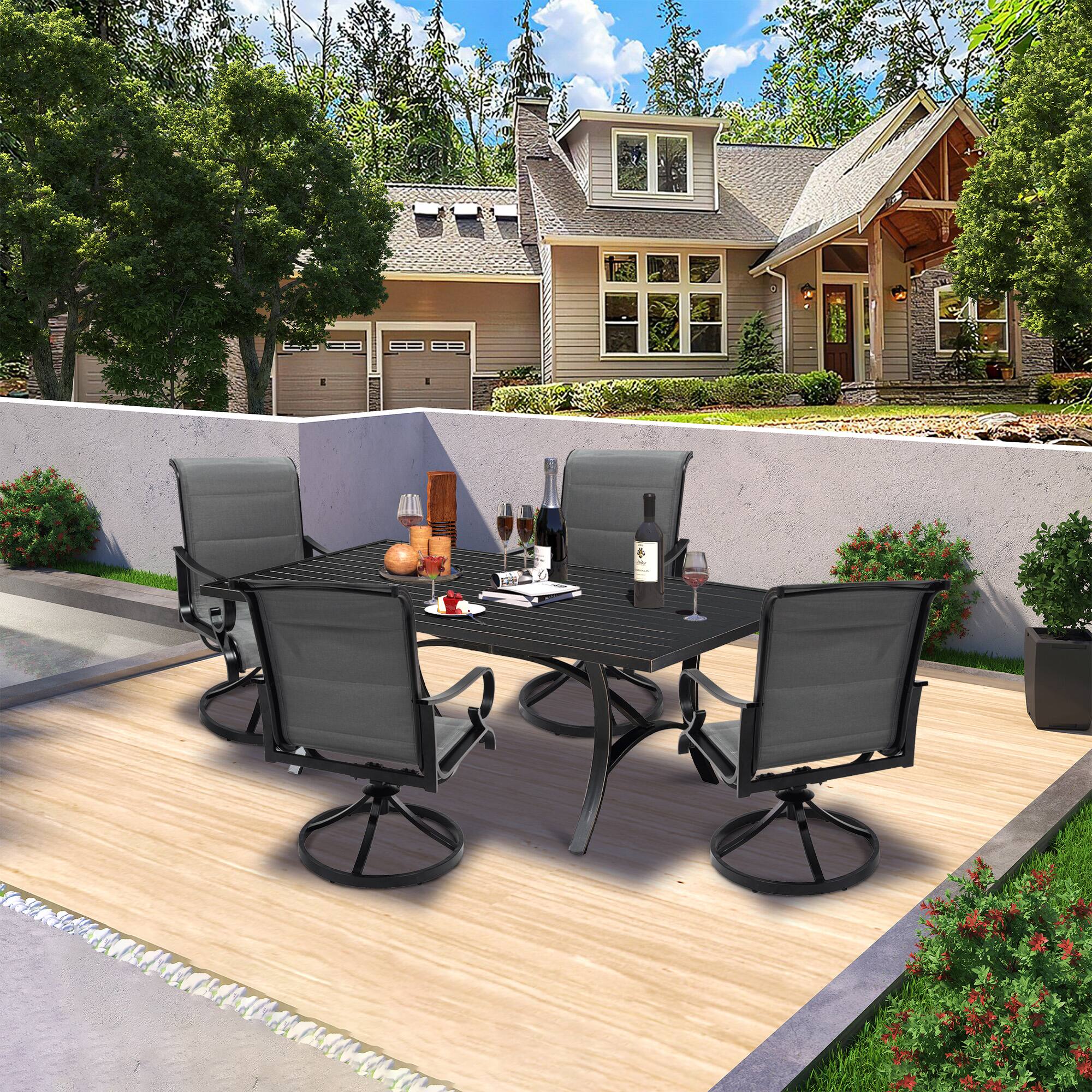 Angle. Mondawe - 5-Piece Outdoor Dining Set with 360° Swivel Chairs - Black+Grey.