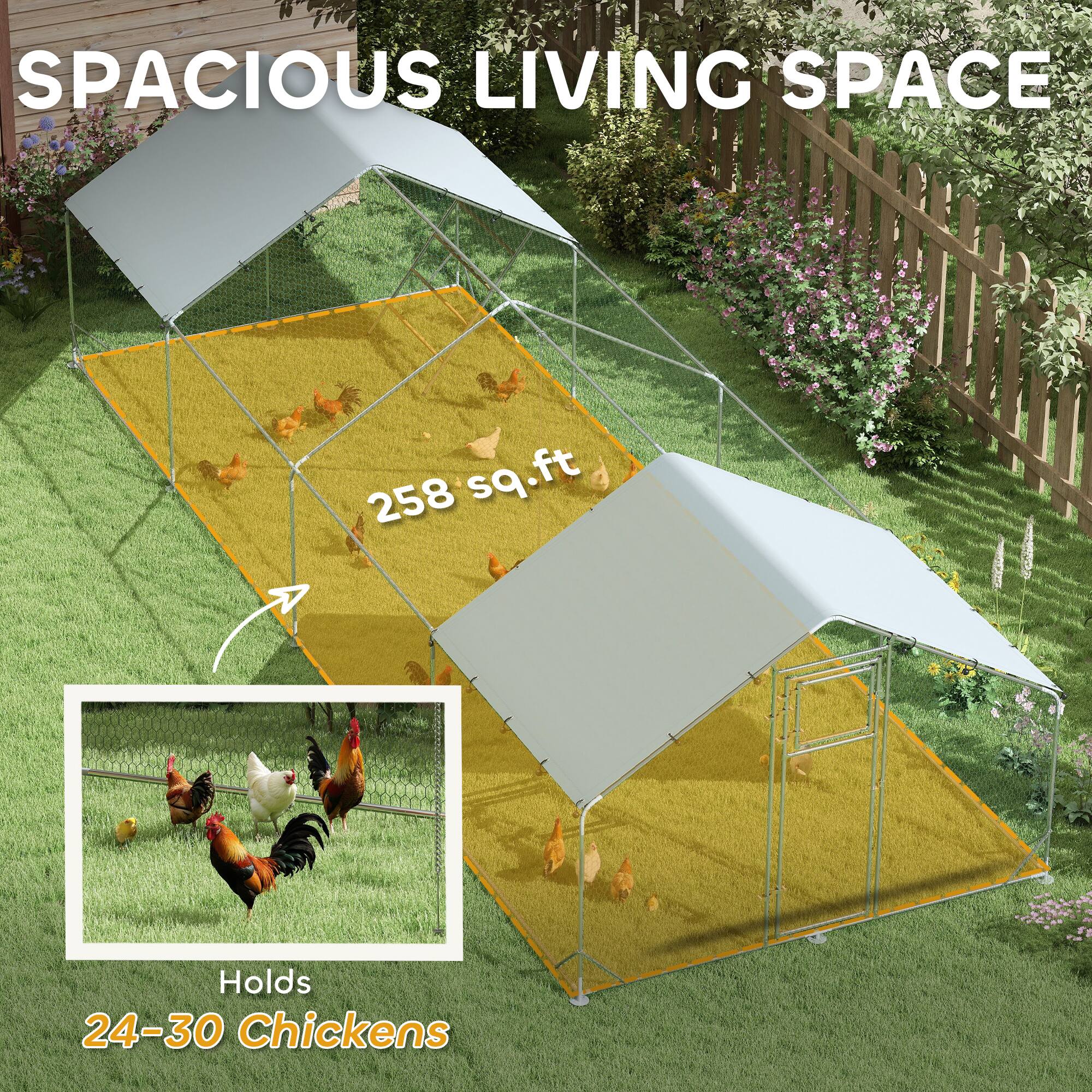 SPACIOUS LIVING SPACE  
258 sq.ft  
Holds 24-30 Chickens