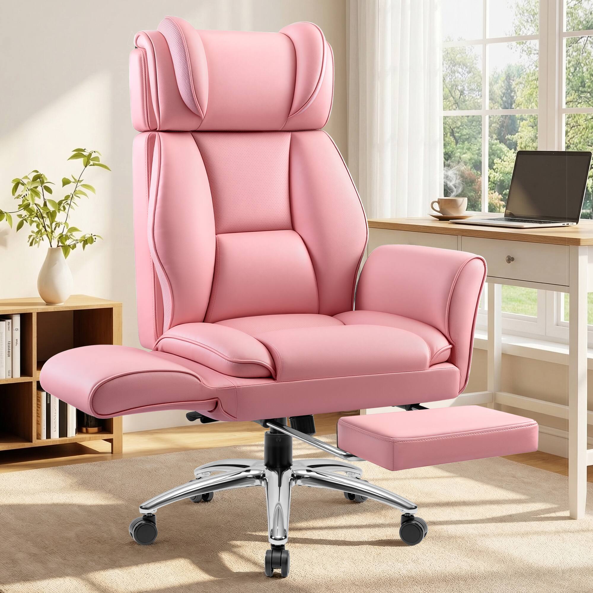 Alt View 6. KERDOM - High Back Ergonomic Office Chair with Flatable Armrest Cross Legged, PU Leather Executive Chair with Footrest Wide Seat - Pink.