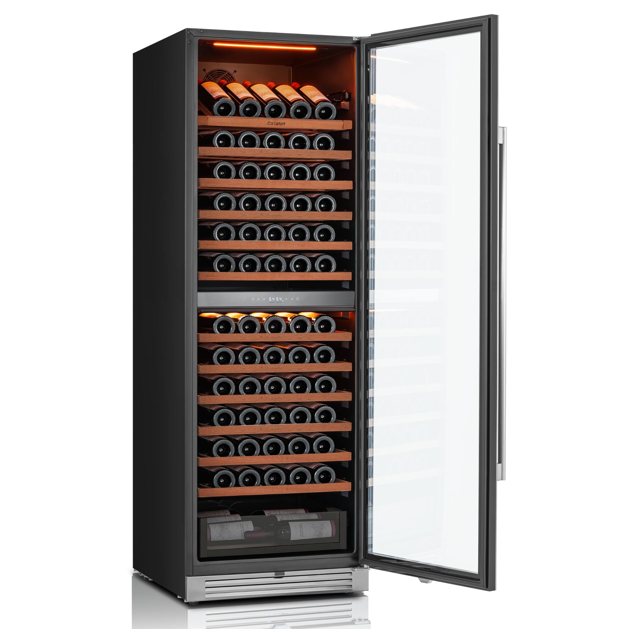 Left. Ca'Lefort - 24inch 155-Bottle Dual Zone Wine Cooler refridgerator Freestanding/Built-In 3-Color LED Lighting  for Home, Bar & Office - stainless steel.