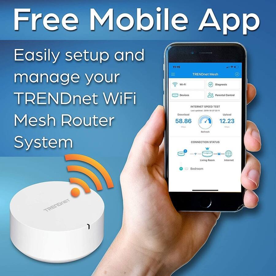 Free Mobile App

Easily setup and manage your TRENDnet WiFi Mesh Router System

- Wi-Fi
- Devices
- Diagnosis
- Parental Control

INTERNET SPEED TEST
Last updated: 2019-10-27 23:11:11
Download: 58.86 Mbps
Upload: 12.23 Mbps
Refresh

CONNECTION STATUS
Living Room
Bedroom
Internet