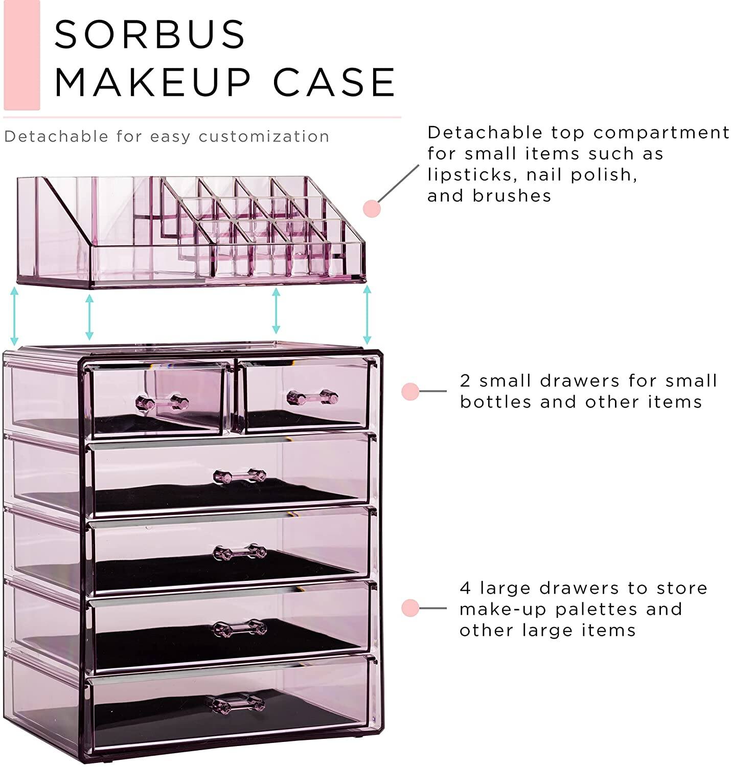 SORBUS MAKEUP CASE

- Detachable for easy customization
- Detachable top compartment for small items such as lipsticks, nail polish, and brushes
- 2 small drawers for small bottles and other items
- 4 large drawers to store make-up palettes and other large items
