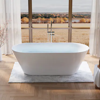 Front. WELLFOR - Sable 71 in. Acrylic Flatbottom Double Ended Freestanding Soaking Bathtub with Drain and Overflow - White.