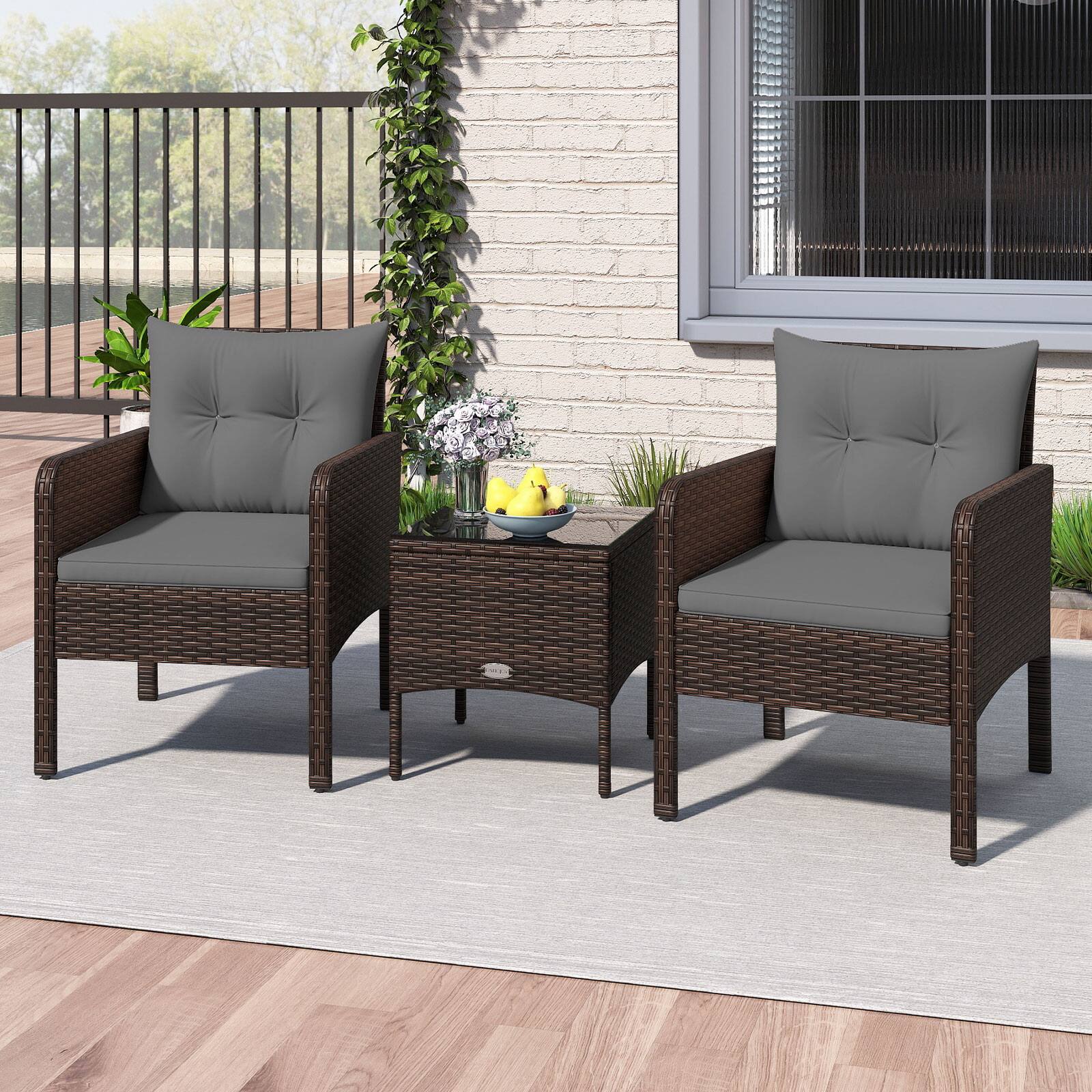 Alt View 1. Gymax - Gymax Set of 3 Outdoor Patio PE Wicker Furniture Set w/Cushions & Tempered Glass Coffee Table Gray - Gray.