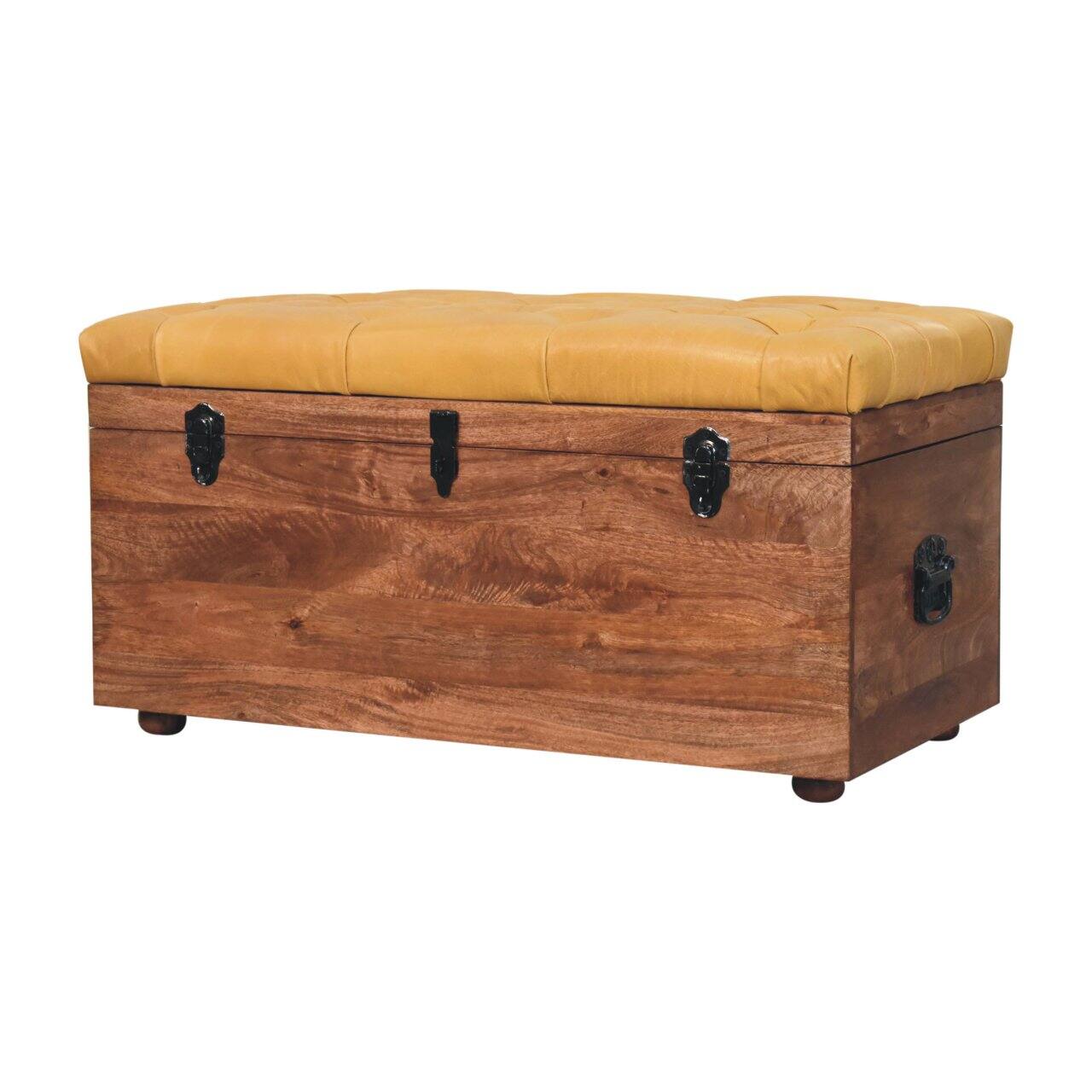 Back. Artisan Furniture - Artisan Furniture Solid Wood Buffalo Hide Honey Caramel Storage Trunk, Upholstered, Brown - Brown.