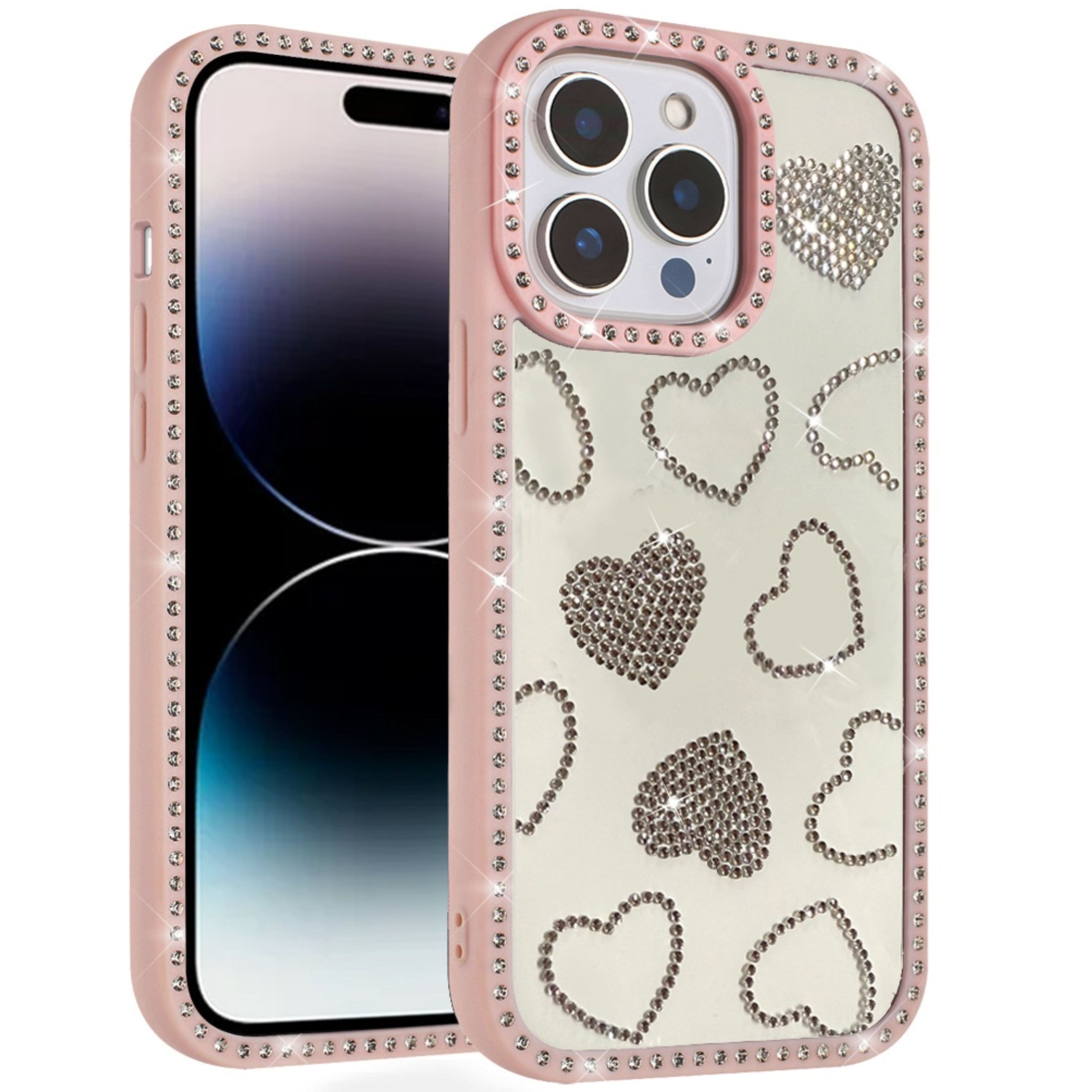 Kitcheniva - Rhinestone Hearts With Bling Around Trim Case For iPhone 14 Pro Max - Pink